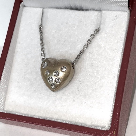 Solid 14K Yellow White Gold Natural Diamond Chunky Puffy Heart Pendant Necklace - Picture 6 of 17